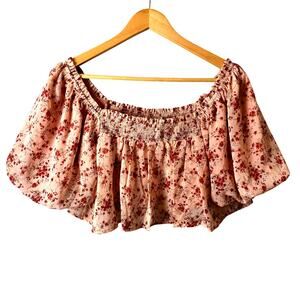 Altar'd State pink red floral chiffon top off-the-shoulder smocked Bohemian Crop